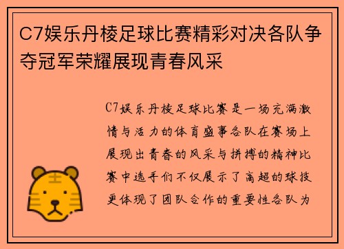 C7娱乐丹棱足球比赛精彩对决各队争夺冠军荣耀展现青春风采